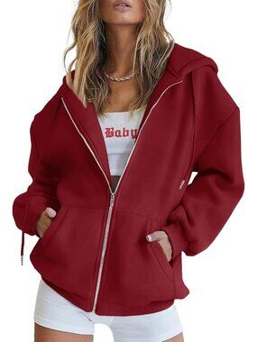Women's Red Long Sleeve Pockets Fall Zip Up Hoodies Sweatshirts Track Jackets